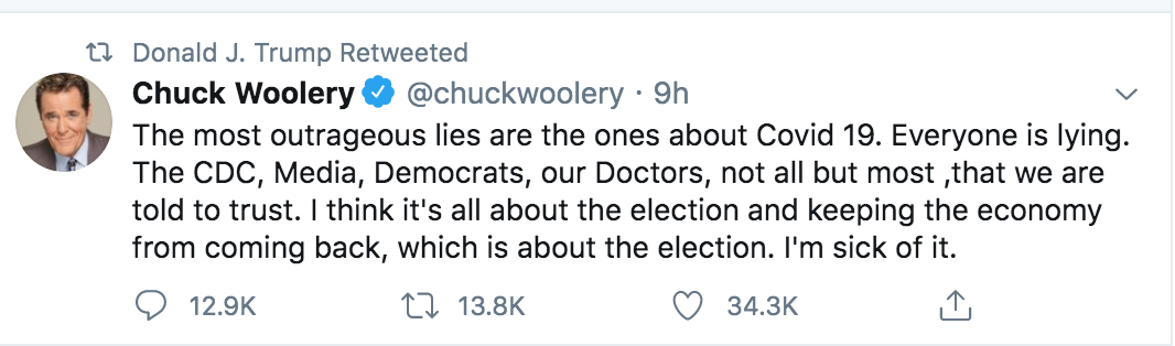 MichaelDavSmith's tweet photo. COVID-19 infections are surging and the president of the United States is undermining Dr. Fauci while amplifying Chuck Woolery. https://t.co/7yLNceKvd0