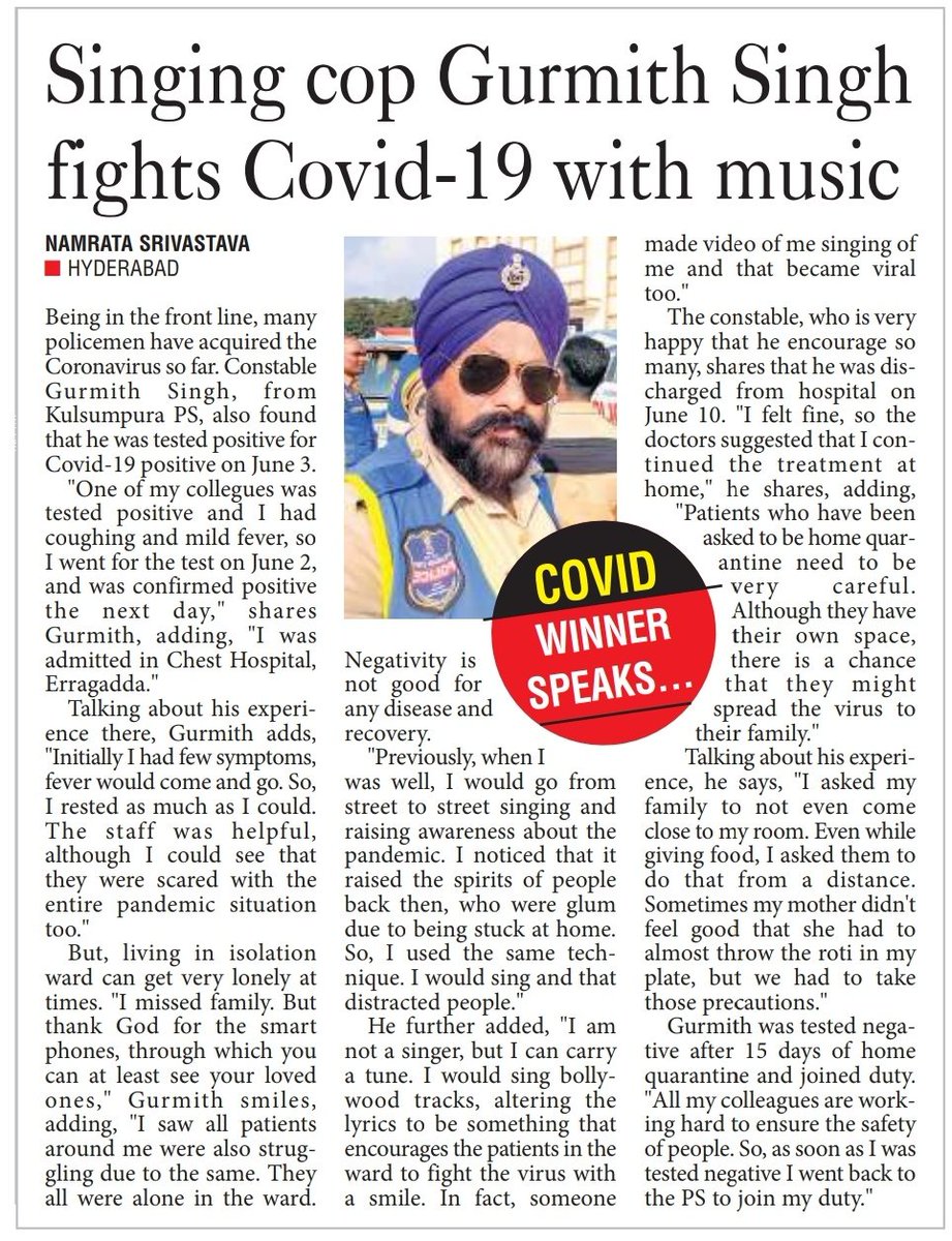  #covidwarrior Gurmith Singh of  @shokulsumpura shares his journey through recovery from  #Covid_19. "Technology helped me keep in touch during isolation," he says. His songs with altered lyrics has lifted spirits of the people of Hyderabad. #CoronaWarriors  @Eatala_Rajender