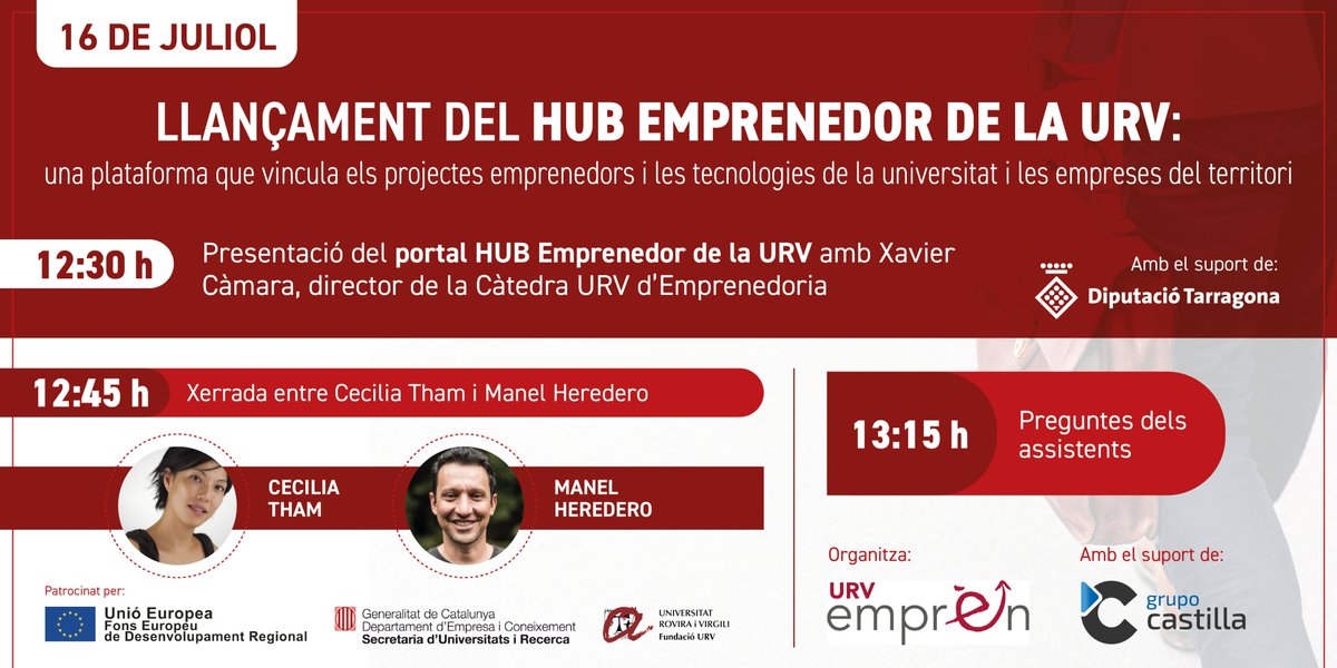 Us convidem al Llançament del HUB Emprenedor de la URV, una #plataforma que vincula els projectes emprenedors i les tecnologies de la universitat i les empreses del territori, que farem el proper 16 de juliol a les 12h30.
Enllaç d'inscripcions:
lnkd.in/dFkhERW

#URVEmprèn