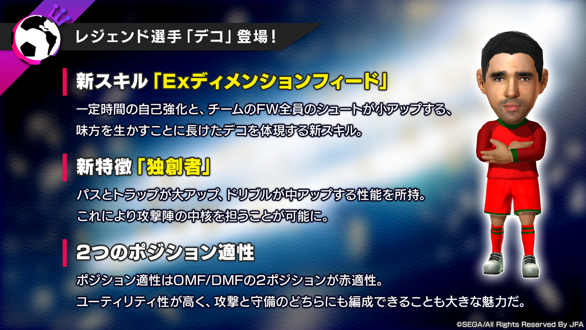 サカつく Com Ver 3 1 0 大型アップデート直前特番 レジェンド選手 デコ 登場 新スキル Eｘディメンションフィード 新特徴 独創者 2つのポジション適正 サカつくrtw