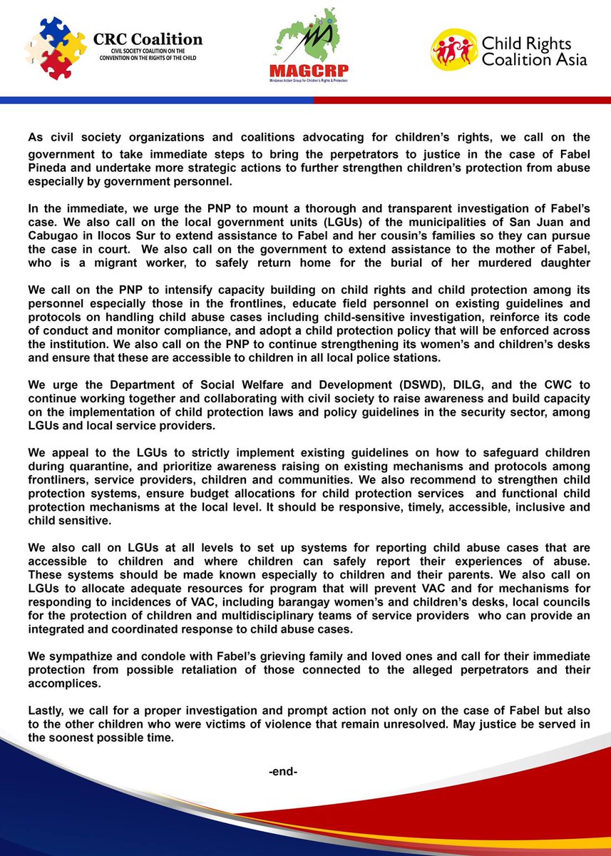 CRCAsia's tweet photo. We are in solidarity with our members in the #Philippines, @crccoalition and @MAGCRP, and various child rights groups in calling for #JusticeForFabelPineda.

Read our full Joint Statement on the rape-slay case of 15yo Fabel Pineda here:  https://t.co/8EijSlBsIE

#JusticeForFabel https://t.co/rlv1ETJUSN
