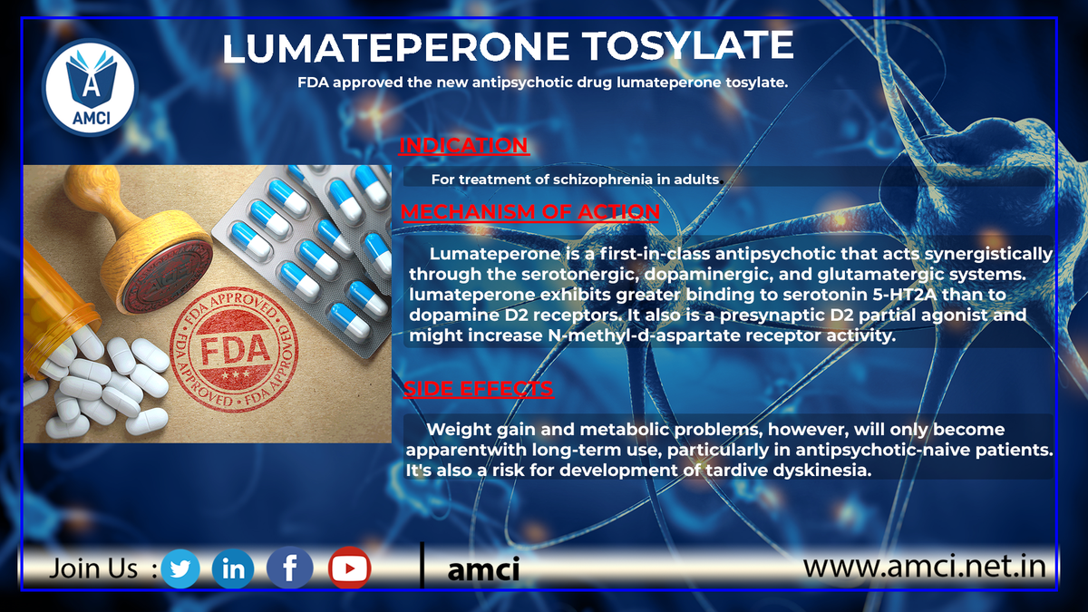 amciedtech's tweet photo. The FDA approved the new antipsychotic drug lumateperone tosylate for treatment of schizophrenia in adult patients.
#FDA #Drugs #MBBS #Doctors #FMGE #NEETPG #AMCI
Visit: https://t.co/UY0dwJfR9M https://t.co/6kmima3sgA