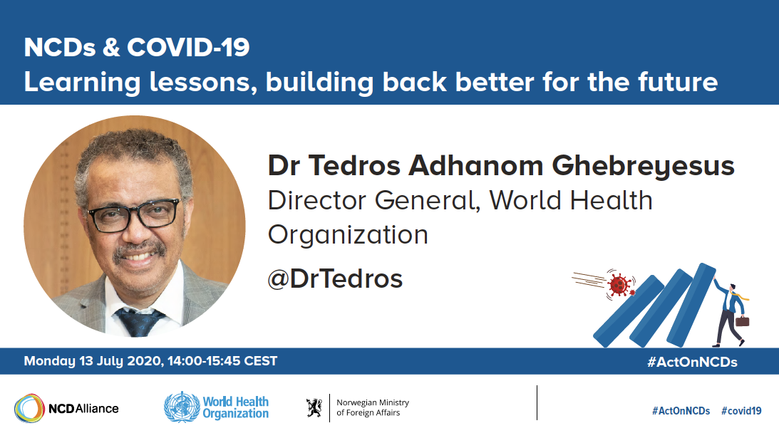 ncdalliance's tweet photo. Event co-host @DrTedros @WHO emphasizes the impacts of #COVID19 on people living with #NCDs and major impact on countries with high proportions of people living with #NCDs. https://t.co/F3OT895XNF