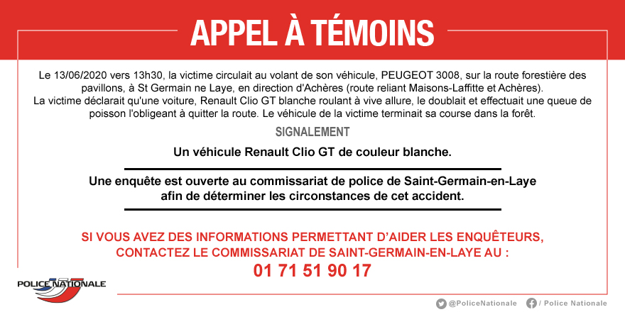 Police Nationale 78 On Twitter Appelatemoins Les Enqueteurs Du Commissariat De Saintgermainenlaye Sont A La Recherche D Informations Concernant Un Accident Survenu Le 13 06 2020 Vers 13h30 Sur La Route Forestiere Des Pavillons A