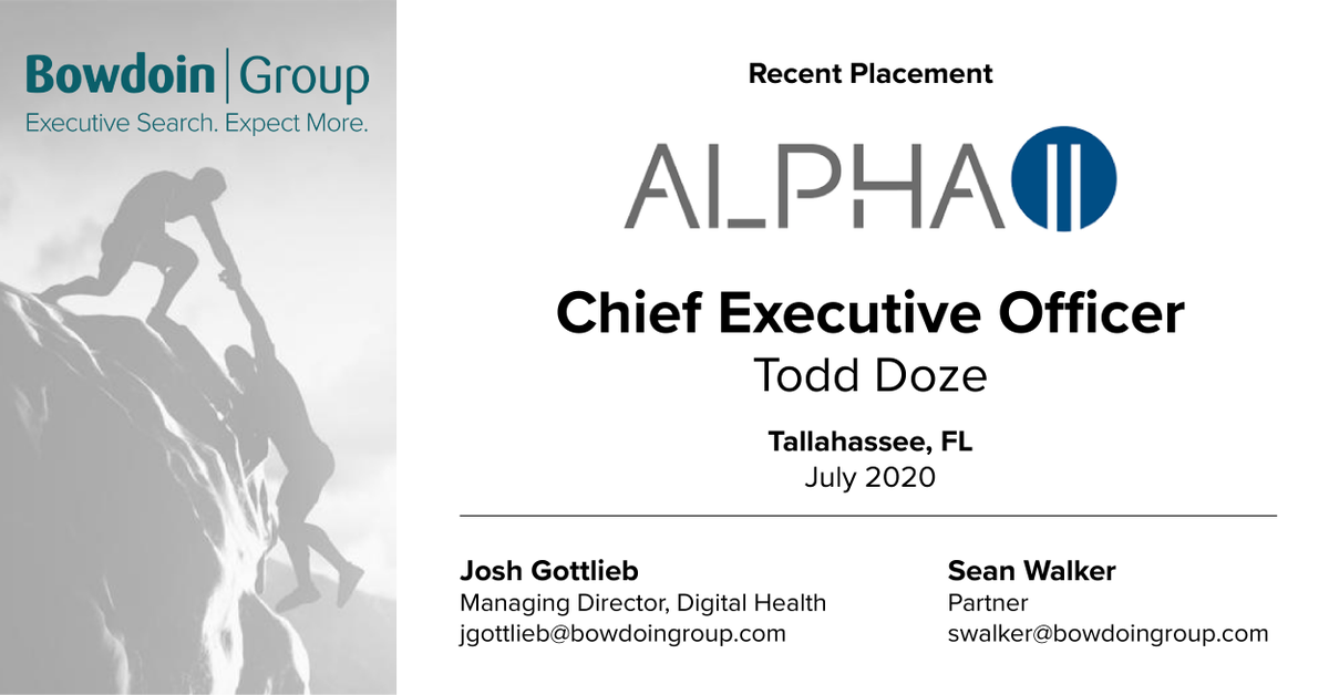 BowdoinGroup's tweet photo. A big congrats to the team at @Alpha_II and to their new #CEO, Todd Doze, for his new role at the #digitalhealth company. It was a pleasure working with the entire team! #ExecutiveSearch #ExpectMore #InnovationEconomy https://t.co/MYgb3Xuvtm https://t.co/7IwqdSug4o