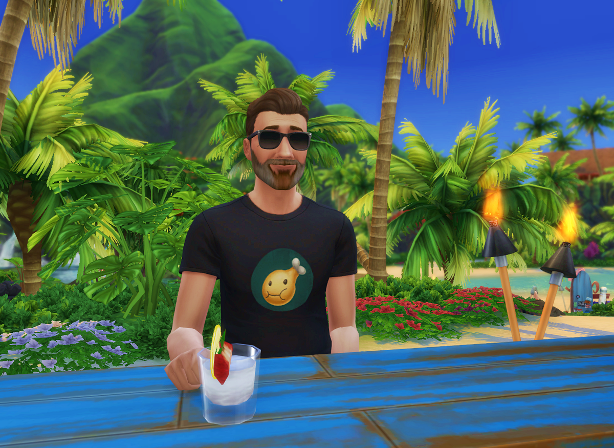 TheSimDoughnut's tweet photo. My selfsim has been selected as a contestant on the first ever season of Simvivor hosted by the lovely @LeaMorgana. Be sure to join us on July 18th at https://t.co/8L6iQDEeHl. In the meantime my selfsim will be getting hammered at the bar. #TheSims4 #Simvivor https://t.co/FF3f5F3fJs