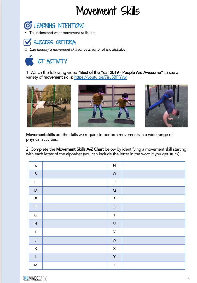 PEMadeEasy's tweet photo. REMOTE LEARNING ASSESSMENT TASK - 
Here's a 'Skill Learning @ Home' assessment task to use with students from Grade 3 - Year 10. 

Vic &amp; Aus curric aligned.

Get the PDF downloads here: https://t.co/t387B0u7HL

#remotelearning #physed #pdhpe #pegeeks #hpe
#HPEatHome https://t.co/ZOh01DXr1z