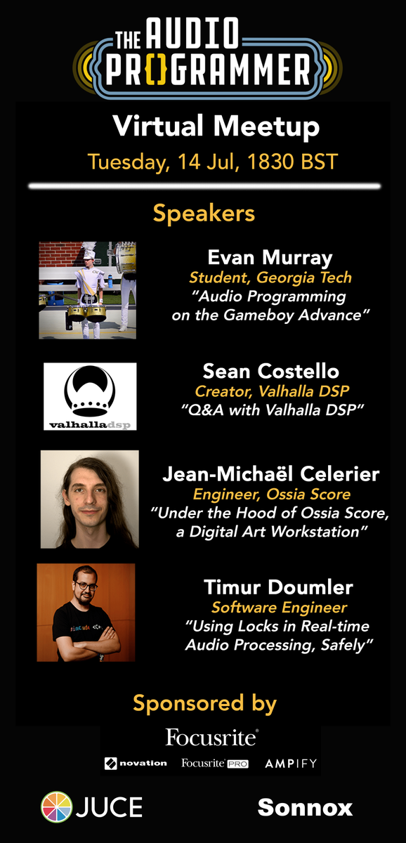 audioprogrammer's tweet photo. Join us at 1830 BST (British Standard Time) tomorrow for our monthly meetup!  Some of the topics to be discussed include...

- Using Assembler for audio programming
- Digital signal processing
- Creating a DAW
- Using locks in real-time audio

Join us: https://t.co/UCmIGfpgAi https://t.co/aGJlffZnZU