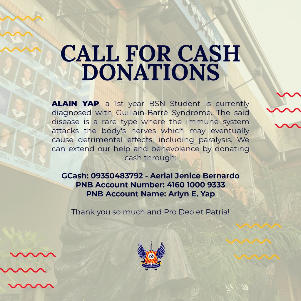 ADZUECA's tweet photo. 🔔 ATTN | CALL FOR CASH DONATIONS! 

We are knocking on your kind hearts to help us raise funds for ALAIN YAP, a 1st year BSN student who is currently diagnosed with Guillain-Barré Syndrome. As of the moment, he is admitted at a private hospital. https://t.co/AkCMZUmu90