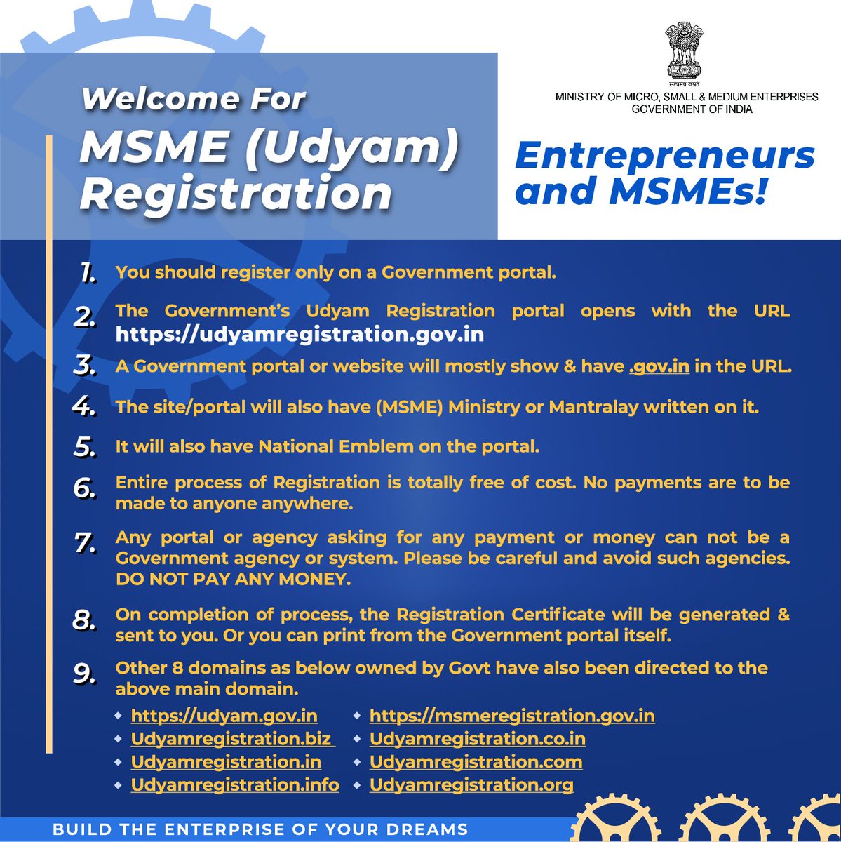 Friends! MSME (Udyam) Registration done by Ministry of MSME is Free of Cost and paperless. It's only on Govt of India’s portal udyamregistration.gov.in. No Pvt. agency or consultant is authorised to do any of its processes or charge any money for this. champions.gov.in