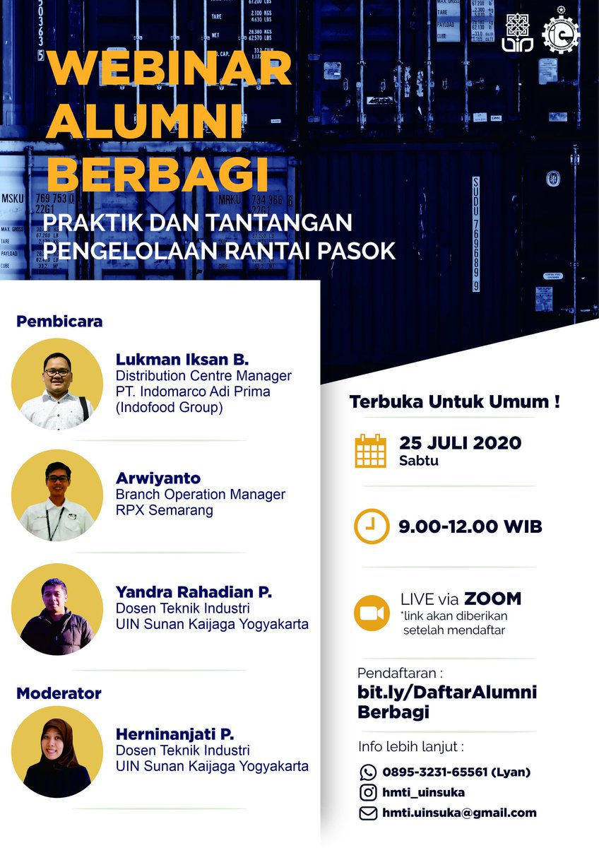 ⏩WEBINAR SUPPLY CHAIN MANAGEMENT⏪ .
.
🔗Formulir pendaftaran online:
bit.ly/DaftarAlumniBe…
.
*Gratis: E-sertifikat* (Bagi pendaftar yang mengikuti webinar dari awal hingga akhir

#TeknikIndustri_UinSuka
#DiRumahAja