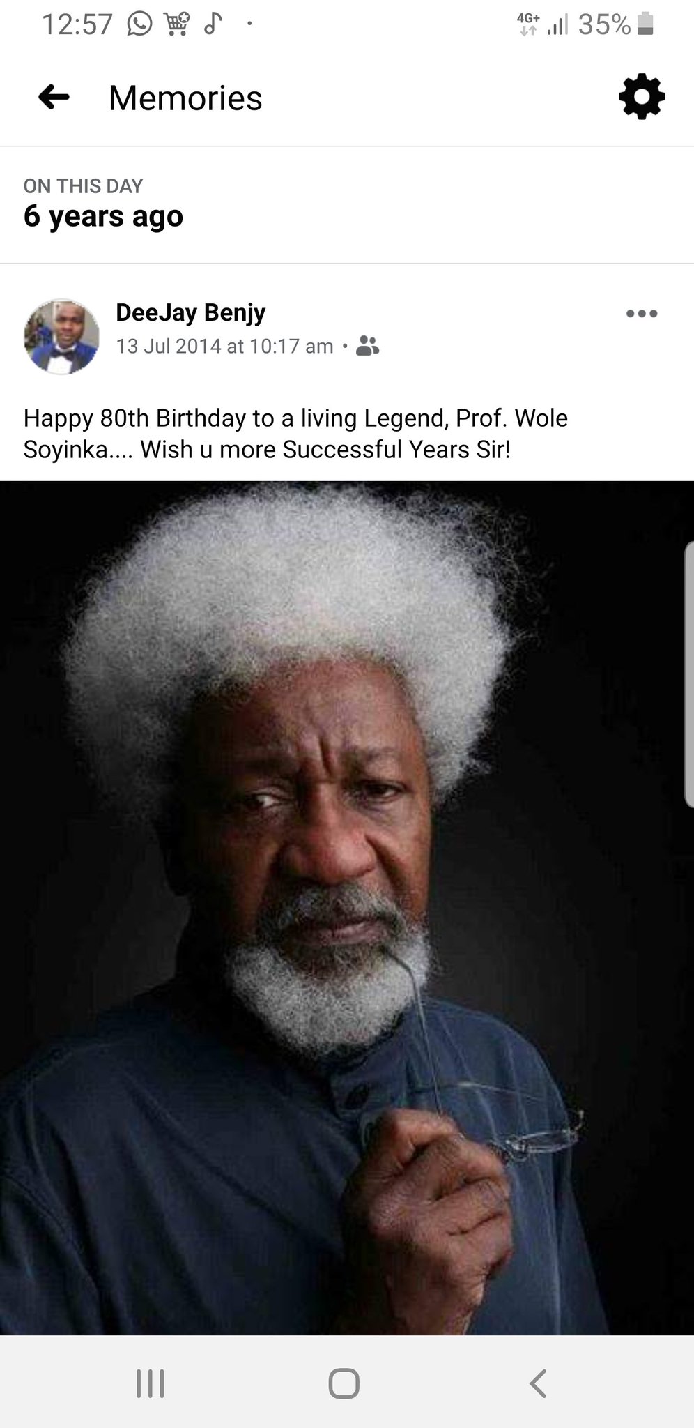 Happy 86th birthday Prof Wole Soyinka  ... I remember wen I congratulated you 6 years ago... more years ahead sir.. 