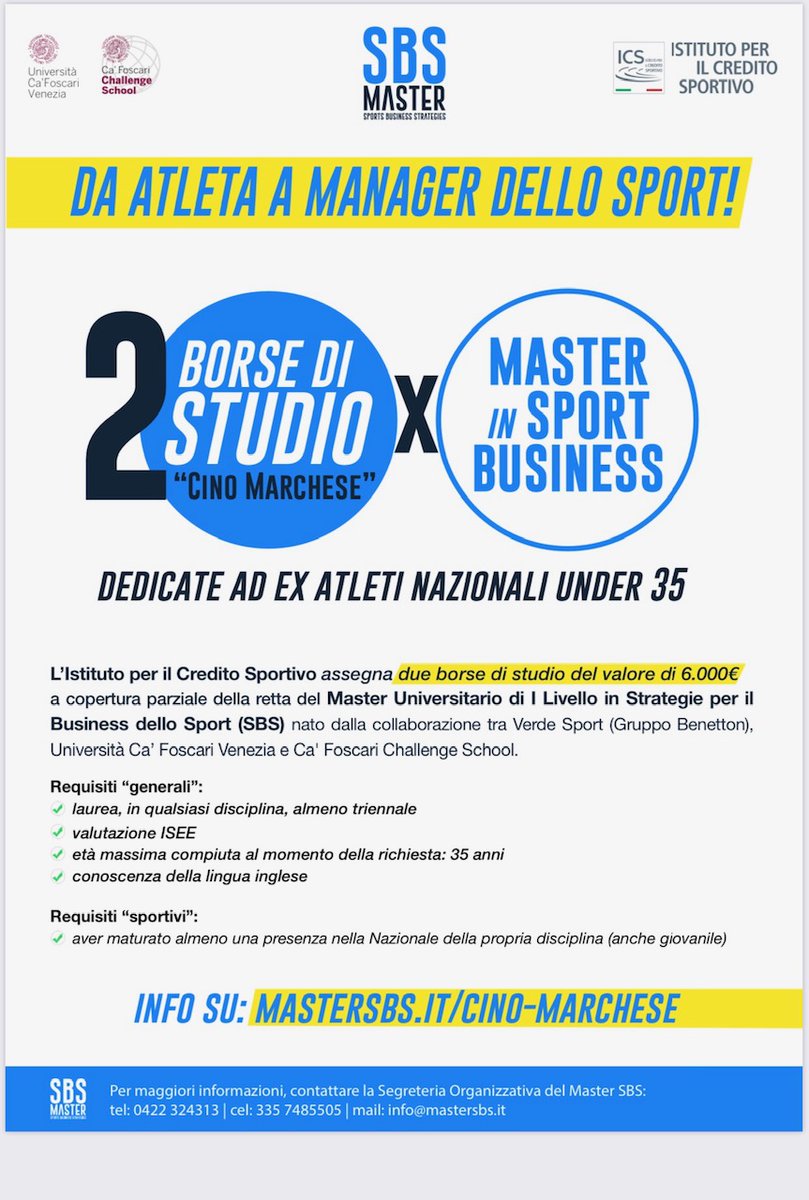 2 borse di studio intitolate a Cino Marchese dedicate a ex atleti nazionali under 35 per partecipare al <a href="/mastersbs/">Master SBS</a> universitario di primo livello in Strategie per il Business dello Sport di Treviso. 👉mastersbs.it/cino-marchese/