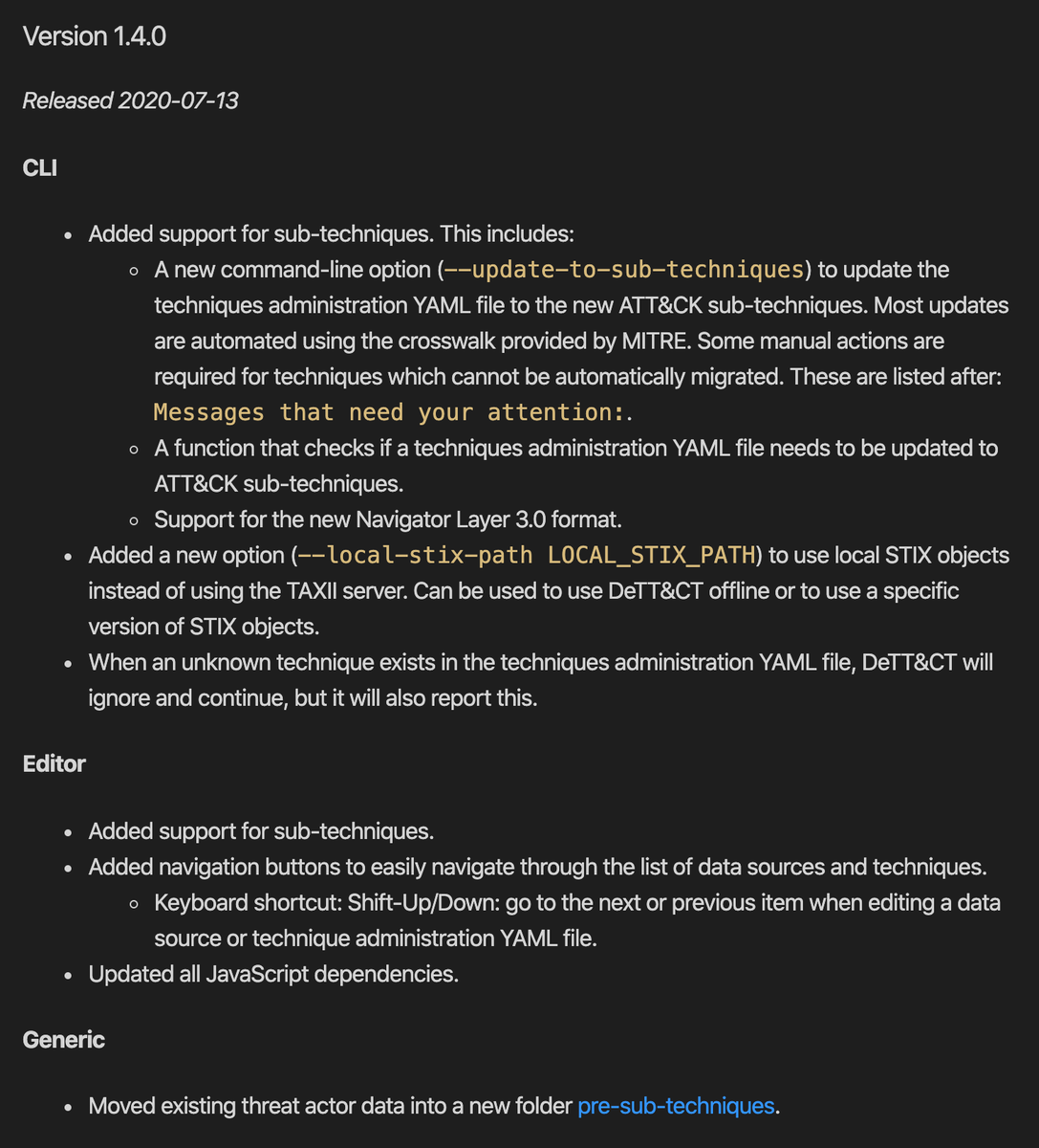 Version 1.4 of DeTT&amp;CT is out with support for sub-techniques and functionality to help you migrate your detection and visibility mappings to sub-techniques.

Changelog: github.com/rabobank-cdc/D…