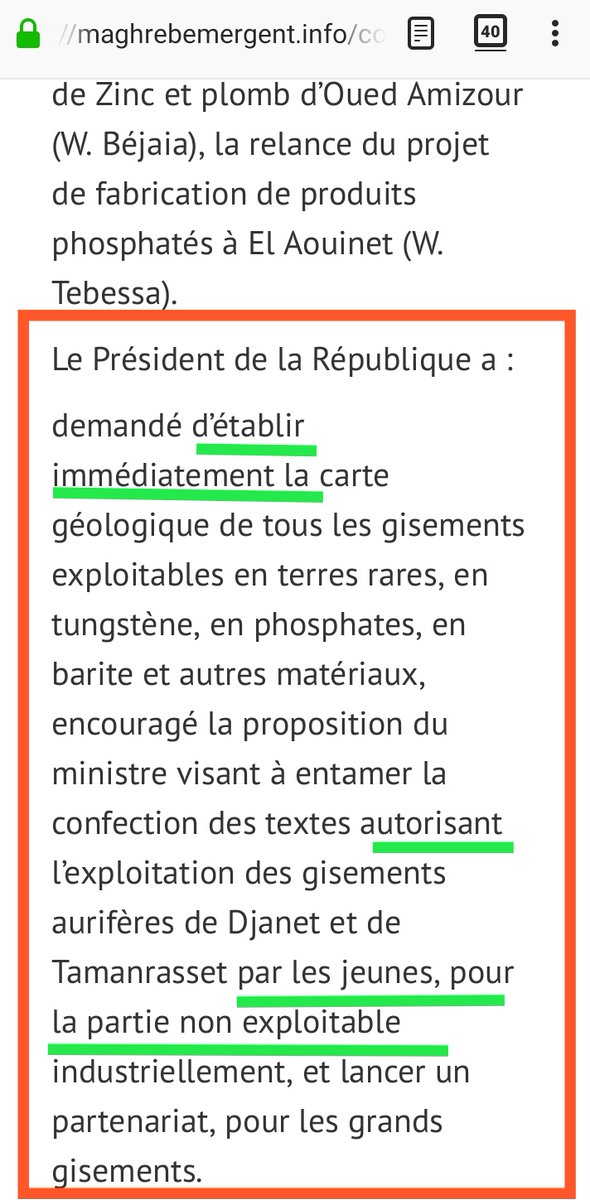 - Peut-on établir "immédiatement" une carte géologique de "tous" les gisements miniers de l'Algérie ??- Autoriser les jeunes à exploiter les parties des gisements d'or de Tamanrasset et Djanet non exploitables industriellement ??? Bienvenue au far s'est !8/.