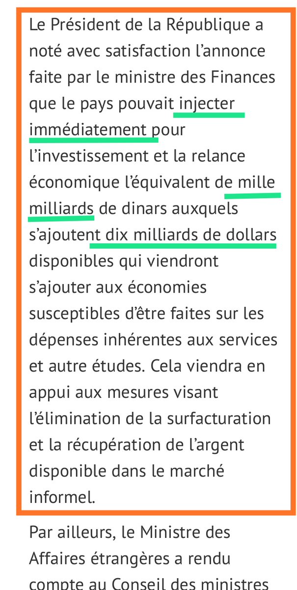 Injecter immédiatement l'équivalent de 18 milliards de dollars pour l'investissement et la relance économique, je dis bien "immédiatement" !!12/