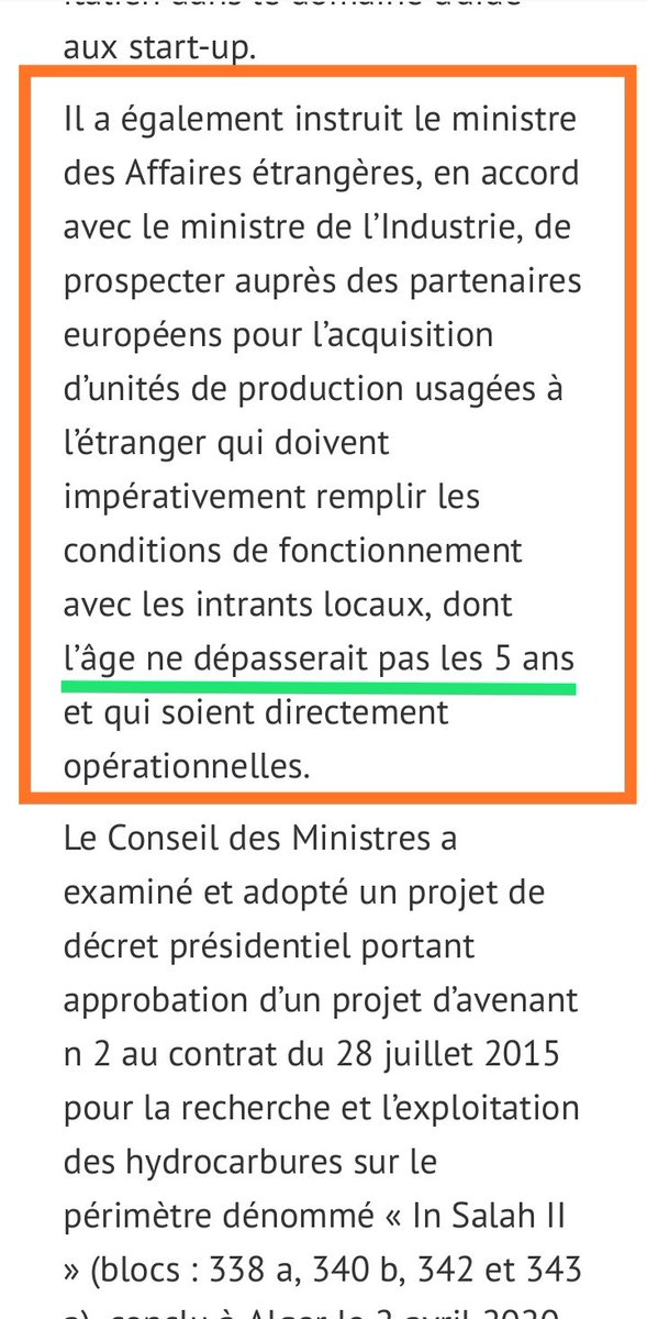 Connaissez vous une usine en faillite en Europe qui a moins de 5 ans d'âge, le gouvernement est prèt à l'importer en Algérie ?Questions: Pourquoi moins de 5 ans ! Pourquoi européenne uniquement ? Qu'ils importent d'abord la raffinerie qu'ils ont acheté en Italie.13/.