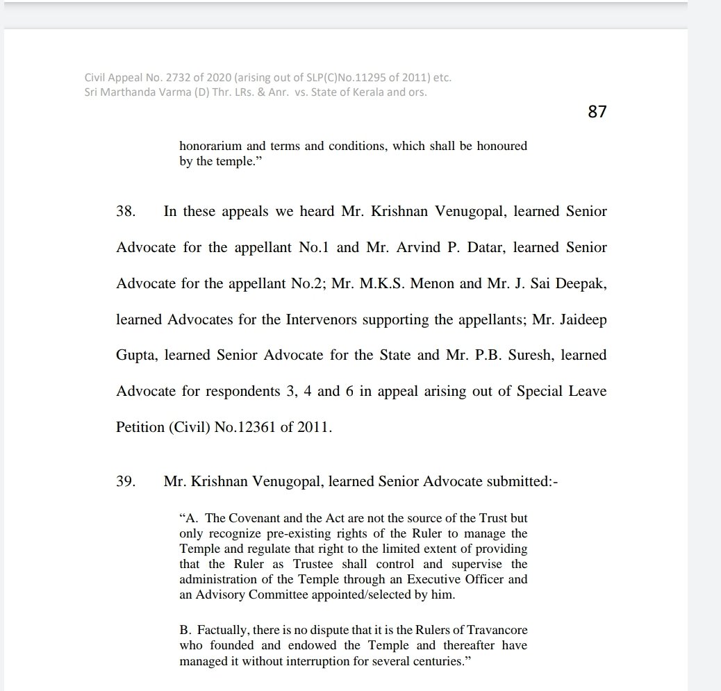 1. A few preliminary points on the  #SriPadmanabhaswamyTemple judgement - Details of parties and counsels are spelt out in Para 38. The summaries of submissions of pro-Temple counsels are captured in Paragraphs 39-42, and of counsels on the Opposite Side in Paragraphs 43-45.