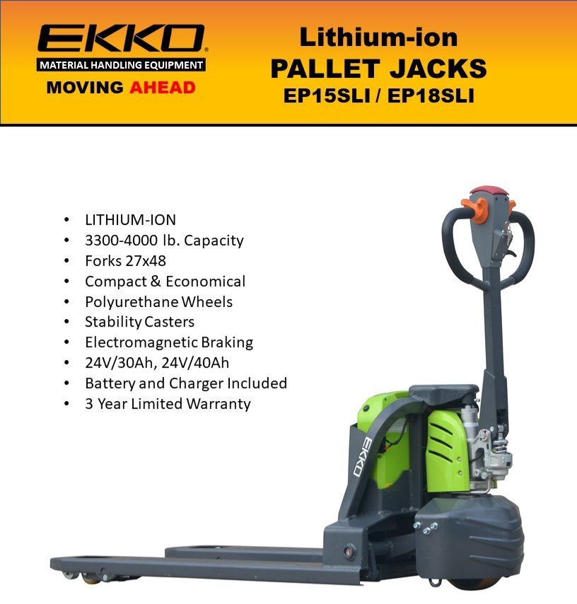 EKKOlifts's tweet photo. Get your pre-orders in now before it's sold out ETA 7/1/2020. Electric Lithium-ion Pallet Jack #EP15SLI 3300lb, 24V/30Ah or #EP18SLI 4000lb, 24V/40Ah, Easy Exchangeable Li-ion Battery Pack. Call 909-236-7994 don@ekkolifts.com #ekkolifts #ekko #forklift #palletjack #pallettrucks https://t.co/PPA90I6hI5