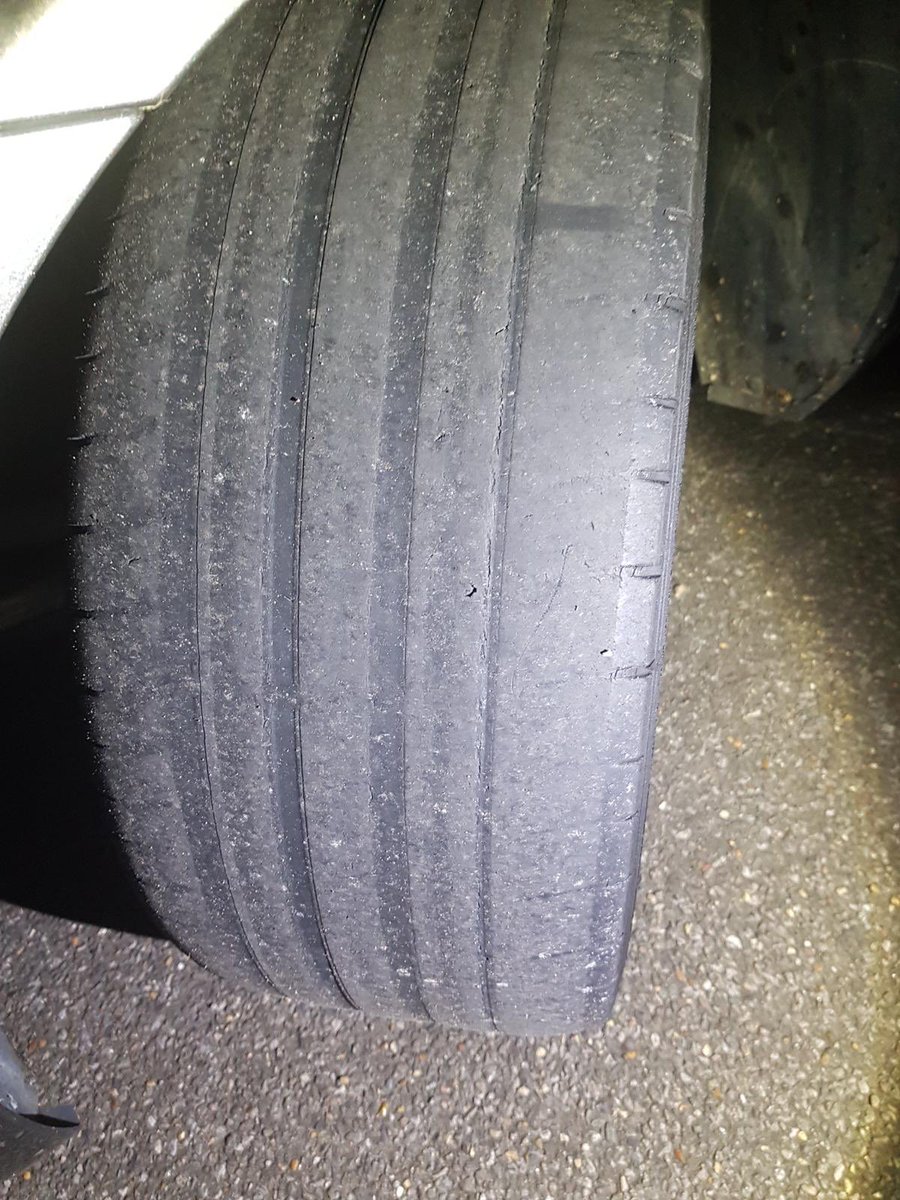 SurreyRoadCops's tweet photo. The driver of this vehicle stopped in Staines drives large trucks for a living. Lets hope the driver checks the works truck tyres more often than they do their own vehicle. 2 illegal tyres found and driver reported. #carmaintenance #dailychecks https://t.co/iDClgUedI2