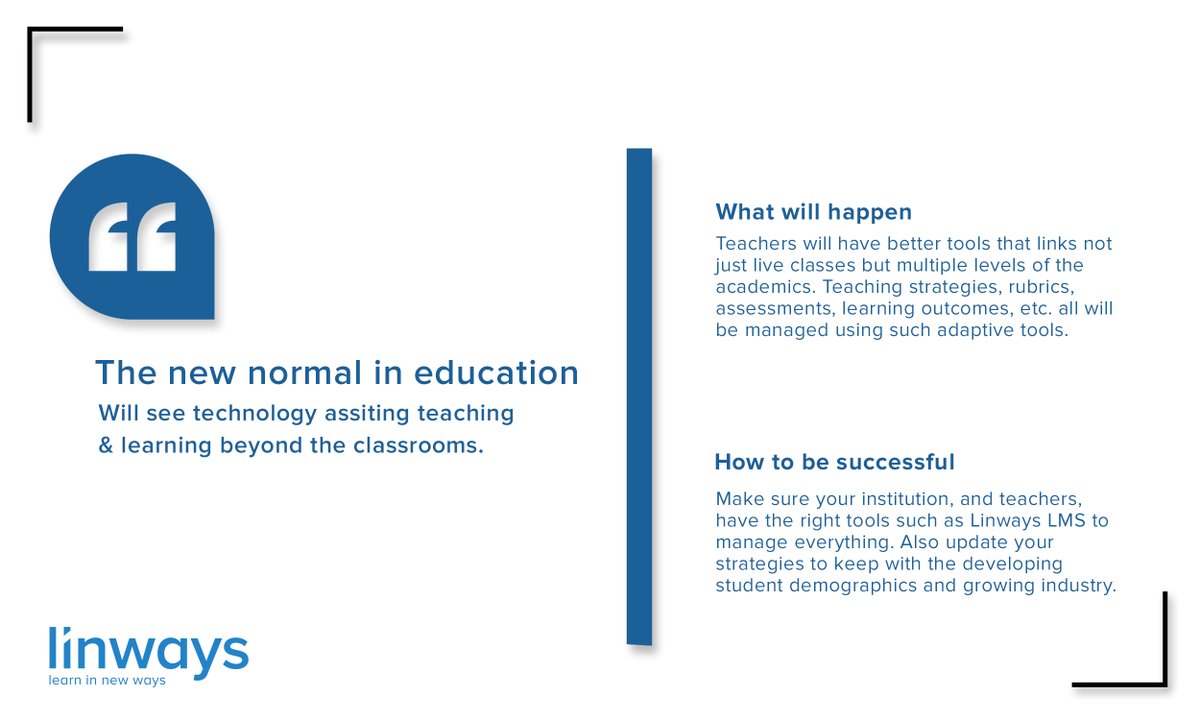 teamlinways's tweet photo. The #newnormalineducation will see better #edtech that assists the #teacher beyond the #classrooms. Make sure you have tools such as #Linways #LMS to scale up with the developing student demographics and growing industry trends. #education2030 #futureofeducation #tuesdaythoughts https://t.co/16h2tnGvm0