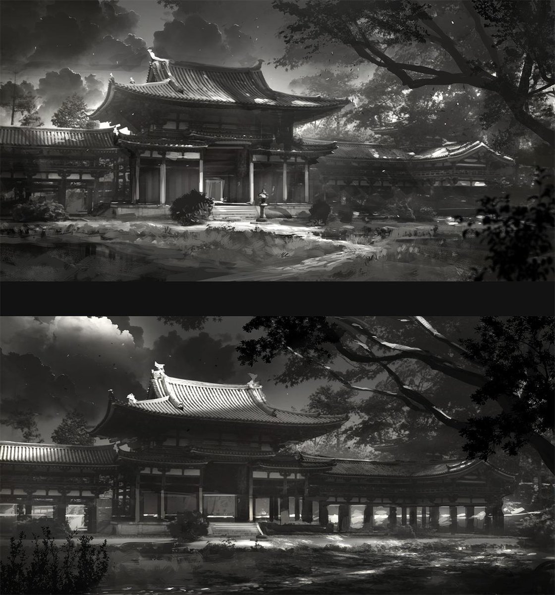 FengZhuDesign's tweet image. Found a few more class notes. The first one explains the importance of working in black and white, which makes it easier to learn lighting and value. The last two are examples of taking the same scene and re-lighting it to match different moods. Fun exercise, give it a try!