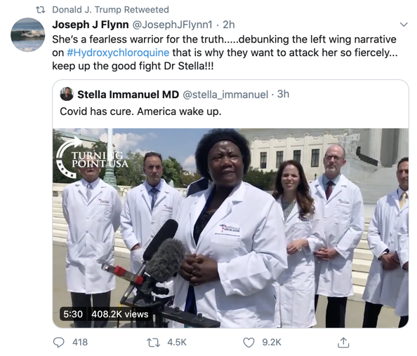 Trump this evening retweeted Joseph Flynn, the brother of Michael Flynn & a known QAnon supporter, along with another QAnon account.  https://twitter.com/oliverdarcy/status/1287949238412943363