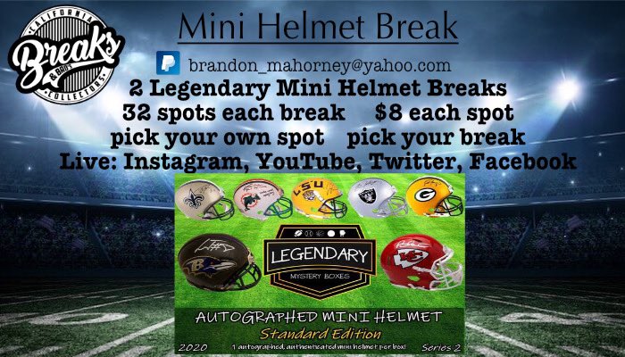 Breaksandbros's tweet photo. Hey guys don’t forget we’re running 2 more of these bad boyZzzzz
This time they’re signed mini helmets. Gunna be 2 separate chances to win . 32 spots for chance 1 and 32 for chance 2. $8 a spot 
DM for more details 
RT and tags appreciated https://t.co/RDCED2FYBt