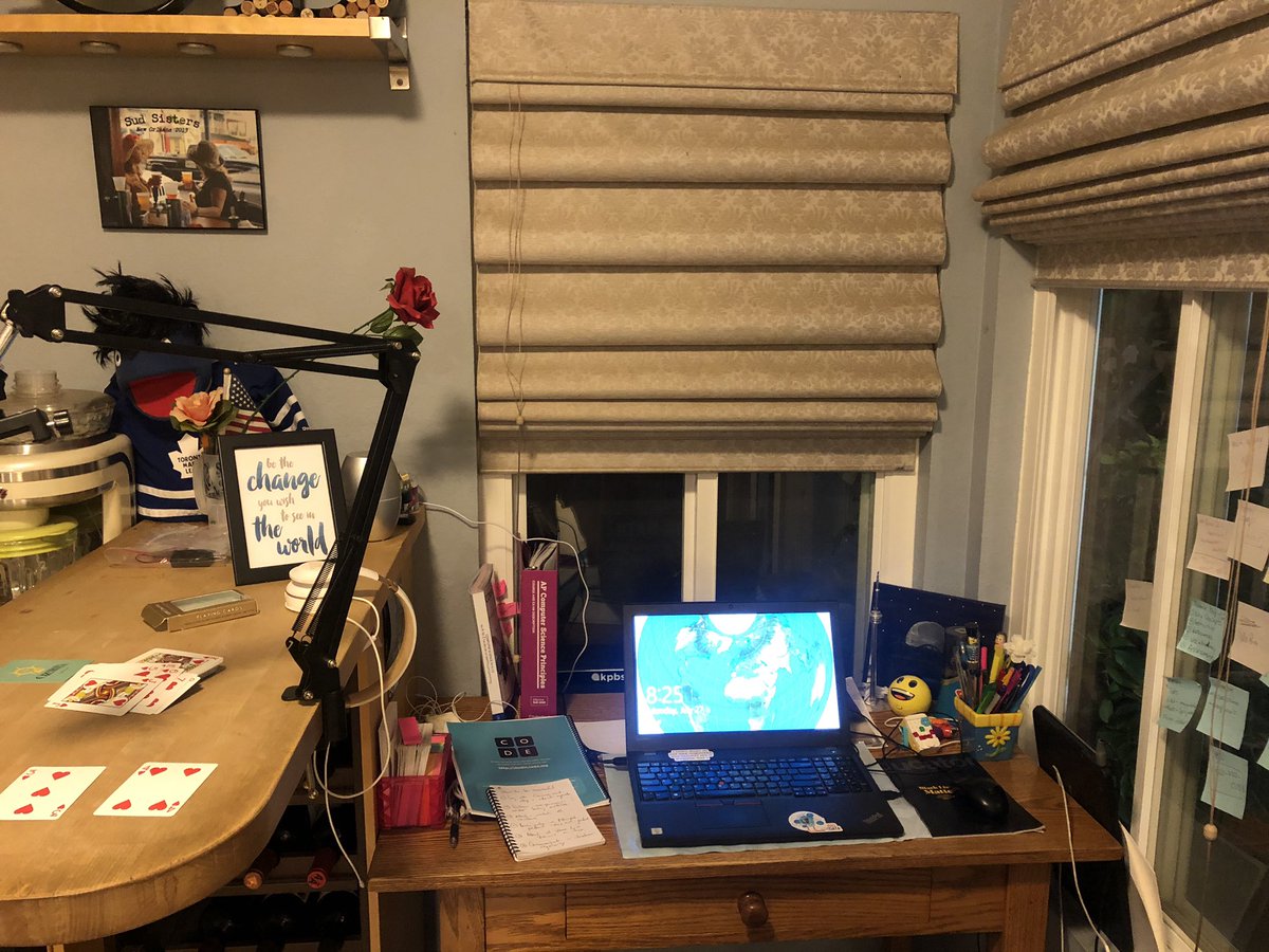 CorriBurgess's tweet photo. @codeorg Here is #MyVirtualSetup Note: the margarita machine on the left is for our @CSTASanDiego happy hour zoom meetings. https://t.co/fA7sfWuyCU