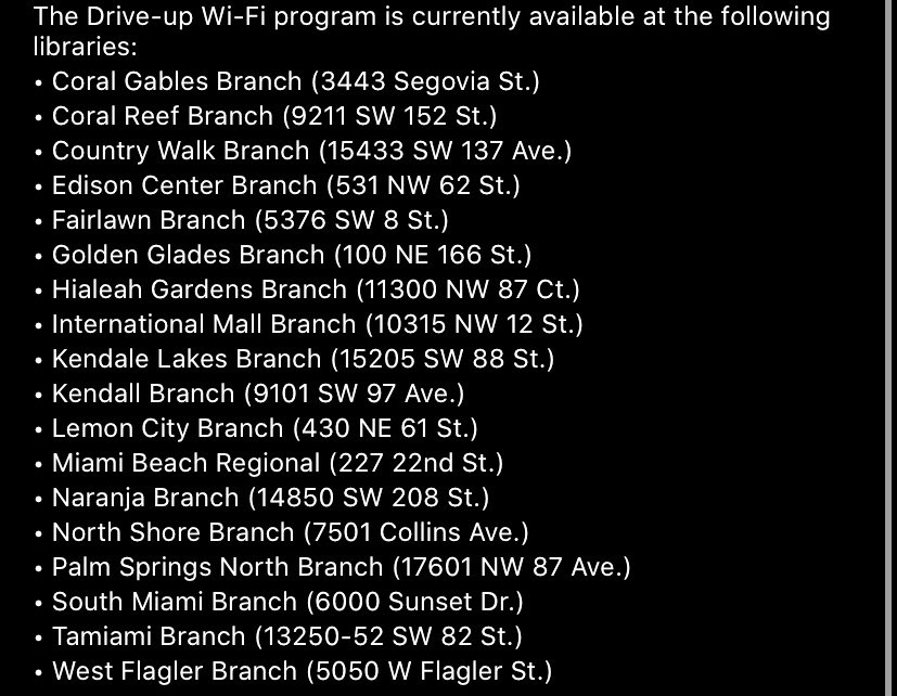 aileenwthenews's tweet photo. Free Drive-Up Wifi is now available at these Miami Dade Public Libraries https://t.co/nwkrRSIu47