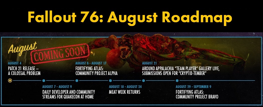 SpudGR's tweet photo. What to expect this August.

#fallout #Fallout76 #Falloutcamp #Oxhorn #vault94 #vault76 #DCDeacon #Bethesda #ClubFallout #HoaWasteland #nukesdragons #wastelanders #FO4News #JuiceHead33 https://t.co/wLnfHLiyHR