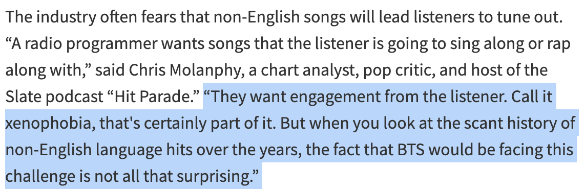 2. Radio fears that non-English songs will make listeners tune out. Yes, this is xenophobia. See what analyst Chris Molanphy, who hosts the  @Slate podcast Hit Parade, had to say: