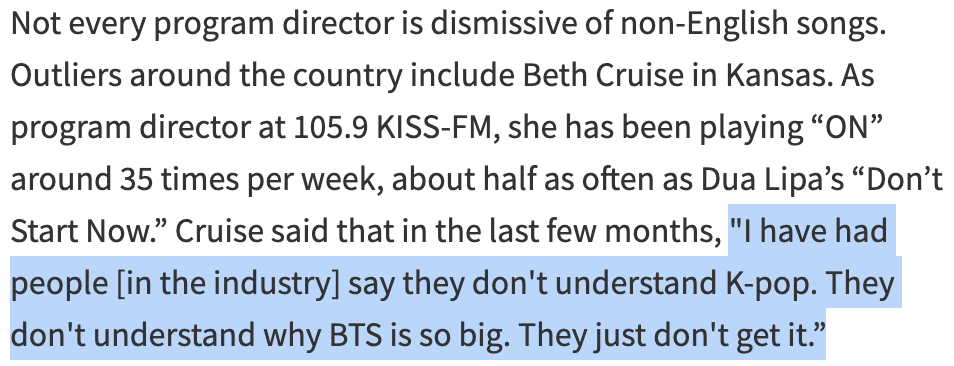 It's important to mention that not everyone who works in radio is against non-English songs. Beth Cruise, program director at 105.9 KISS-FM in Kansas, had been giving “ON” around 35 spins per week when I spoke to her in April. But she revealed: