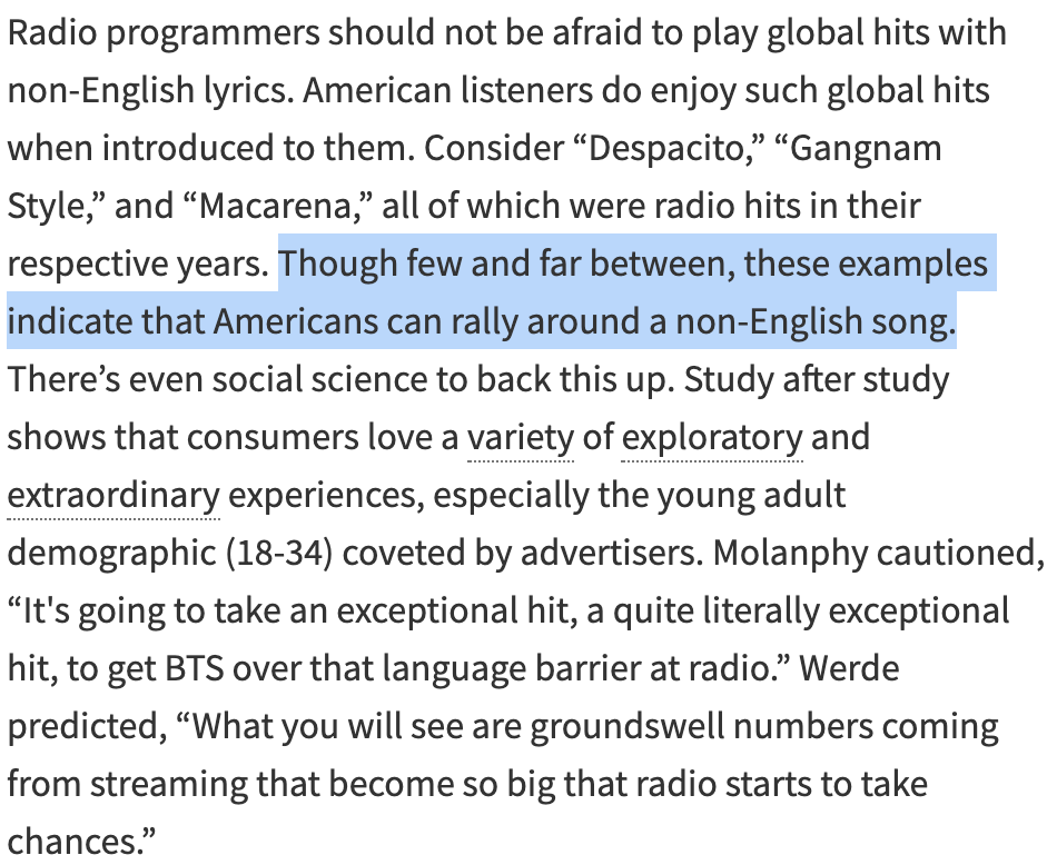There are exceptions that have broken through radio’s beliefs, including “Despacito,” “Gangnam Style,” and “Macarena.” While it’s uncommon for a global hit to become a radio hit in the U.S., it’s not impossible. Molanphy said: