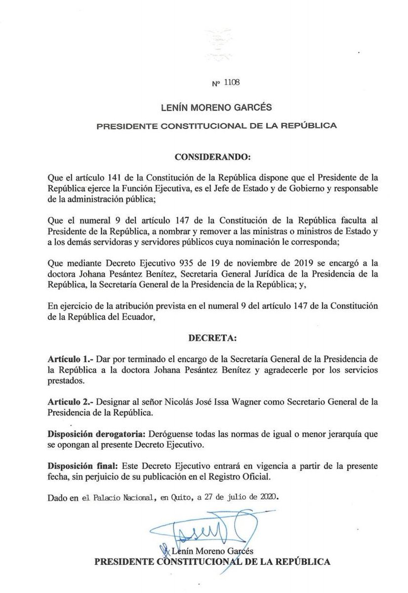 OrlandoPerezEC's tweet photo. El presidente @Lenin nombra a @nicoissa como secretario general jurídico de la @Presidencia_Ec! No olvidar sus mensajes de lealtad y admiración a @MashiRafael https://t.co/JYrMLBFNmb