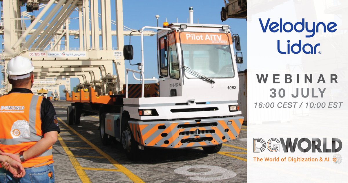 VelodyneLidar's tweet photo. Our #VelodyneLidar Europe team is hosting a #webinar w/ #AutomatedWithVelodyne partner @DGWorld3 this THURS 7/30 discussing how DGWorld uses our #lidar for their #AITVs at Jebel Ali Port, one of the largest ports in the world. Register here! https://t.co/UeyI9EI3cj #Automation https://t.co/csCnwmTspi