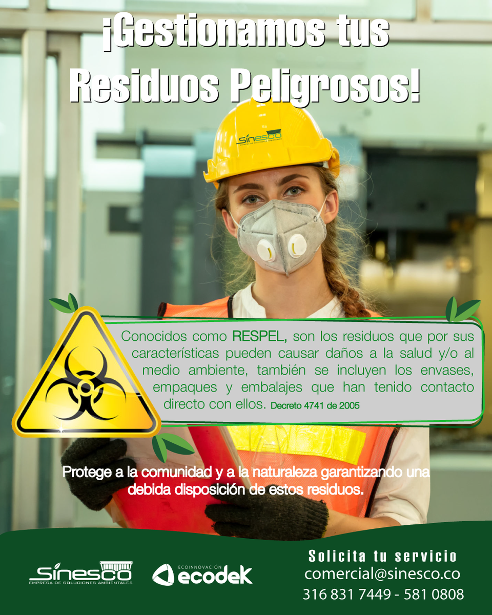 Sinesco_SAS's tweet photo. Los #Respel son un grupo de residuos cuyo manejo tiene múltiples condiciones especiales y en Sinesco prestamos detallada atención a cada una de ellas. ¡Llámanos! y solicita tu servicio para que juntos #CambiemosElMundo.

#ResiduosPeligrosos #Construccion #Demolicion #Arquitectura https://t.co/nwJAYzltio
