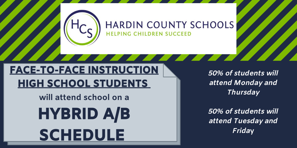 HCS high school students whose parents have chosen traditional face-to-face instruction for their return to school will operate on a hybrid "A/B" schedule.  See more information here.  bit.ly/3hFKbut <a href="/CHHS_HCS/">CHHS_HCS</a> <a href="/gojohnhardin/">John Hardin H.S.</a> <a href="/NorthHardinHS/">North Hardin HS</a> <a href="/HCSEC3/">HCSEC3</a> #CollegeViewCampus