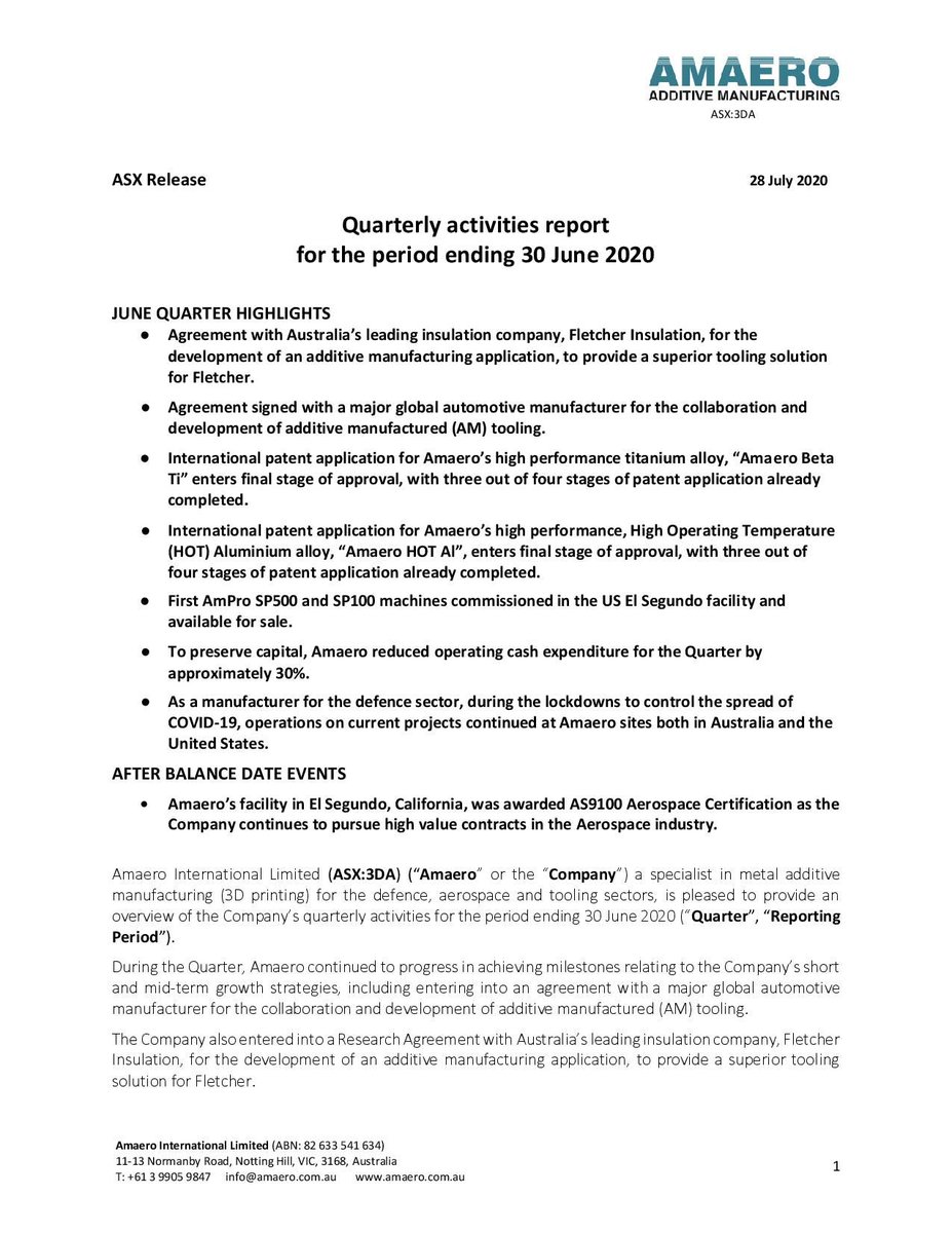 Amaero_3DA's tweet photo. Today we released our Quarterly Activities Report for the period ending 30 June 2020, providing shareholders and investors with an overview of activities for the Quarter.

Read more: https://t.co/9NkNbBC5bD

#3dprinting #additivemanufacturing #JMM $3DA https://t.co/dwhDbooWaH