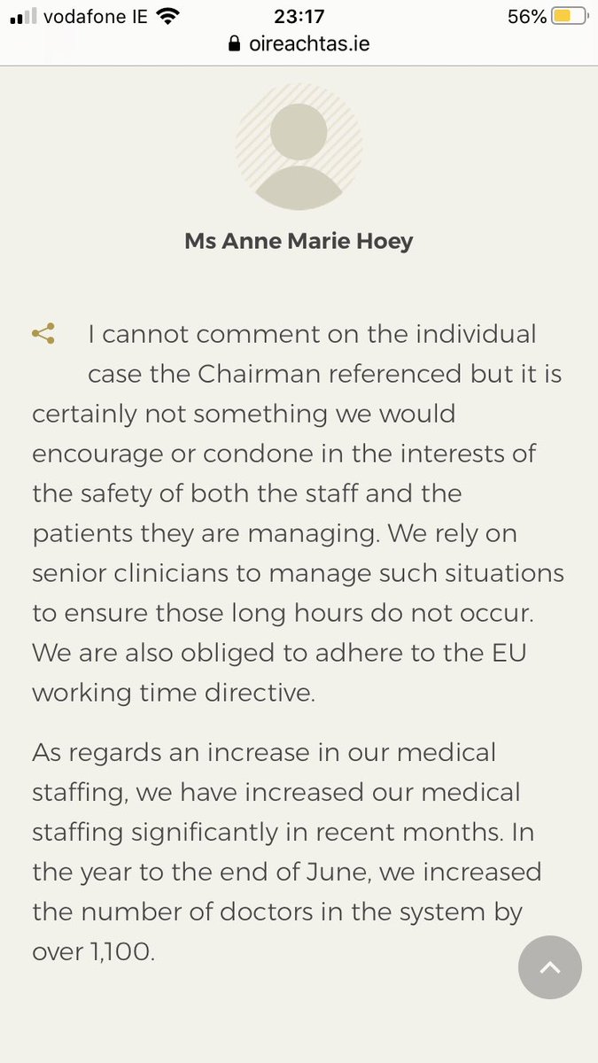A tad disingenuous of  @HSE_HR National Director of HR to state ‘we are obliged to adhere to the EU Working Time Directive’. Or that there are 1,100 more doctors in the system when these are simply those who had their finals brought forward and started their intern year early.6/
