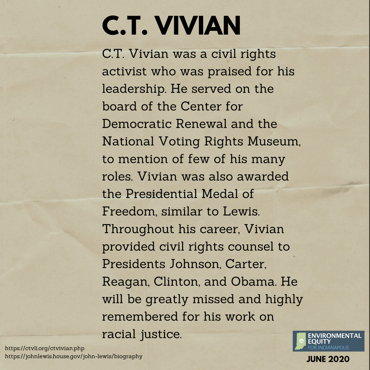 EJInIndy's tweet photo. John Lewis &amp; C.T. Vivian, two inspiring members of the Civil Rights Movement, will be greatly missed #RestInPower https://t.co/3IKLuYqCGL