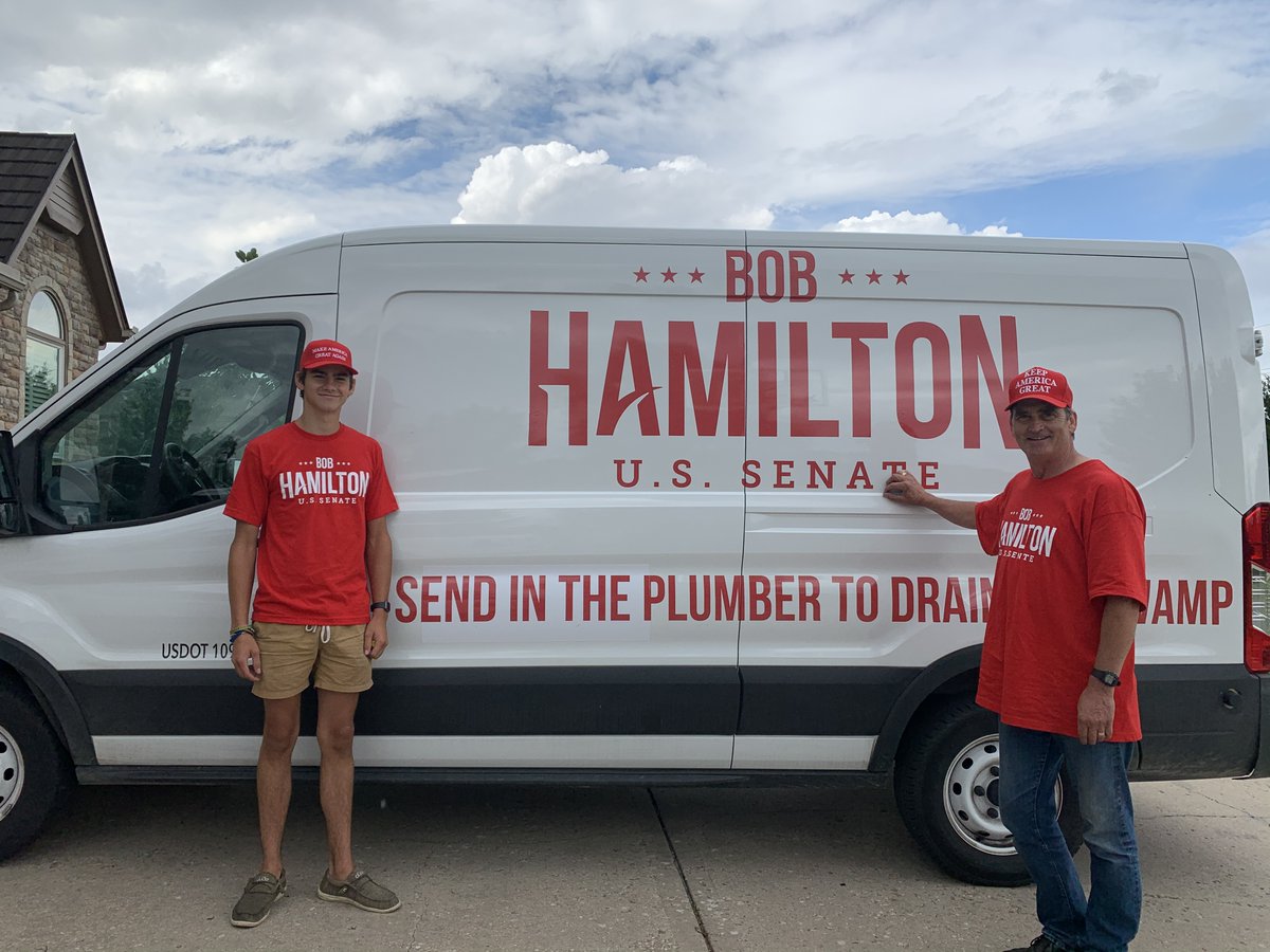 HamiltonforKS's tweet photo. My son, Luke, is joining me on the road today as we visit with supporters and tell voters it's time to send in a plumber to drain the swamp! #kssen #ksleg https://t.co/pwlyd1b7R3