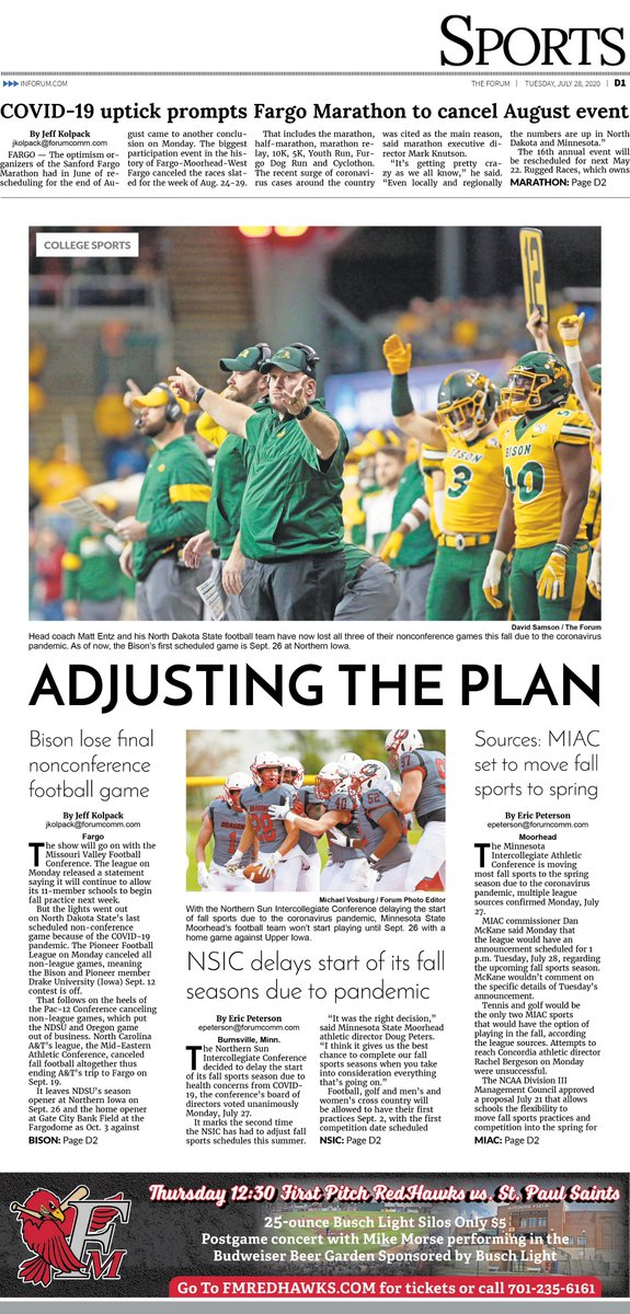 Smithmi's tweet photo. Tuesday's sports front for @inforum and @InforumSports  | Cover stories by @FargoBigE and @FGOSPORTSWRITER  | Photos by @SamsonPhoto and @michaelvosburg https://t.co/JfUgVVulMV