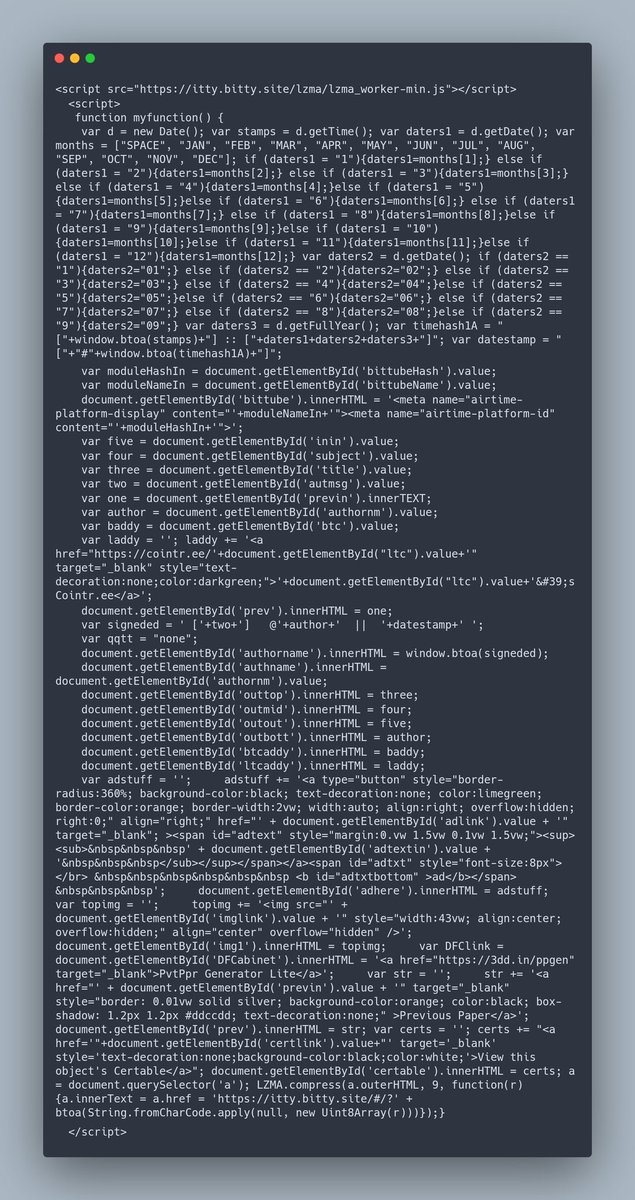 PvtPpr's tweet photo. We need help finding a way to decrypt the ittybitty hash used by PvtPpr (as seen at https://t.co/4iXX9H955y) using the javascript('') or another no link (so no 'https://') address bar scripts to decode LMZA+base64.
#javascript #puzzle #lmza #base64 #noHTTPS #noHTTPS #linkSCRITPS https://t.co/jEdDEFrT0R