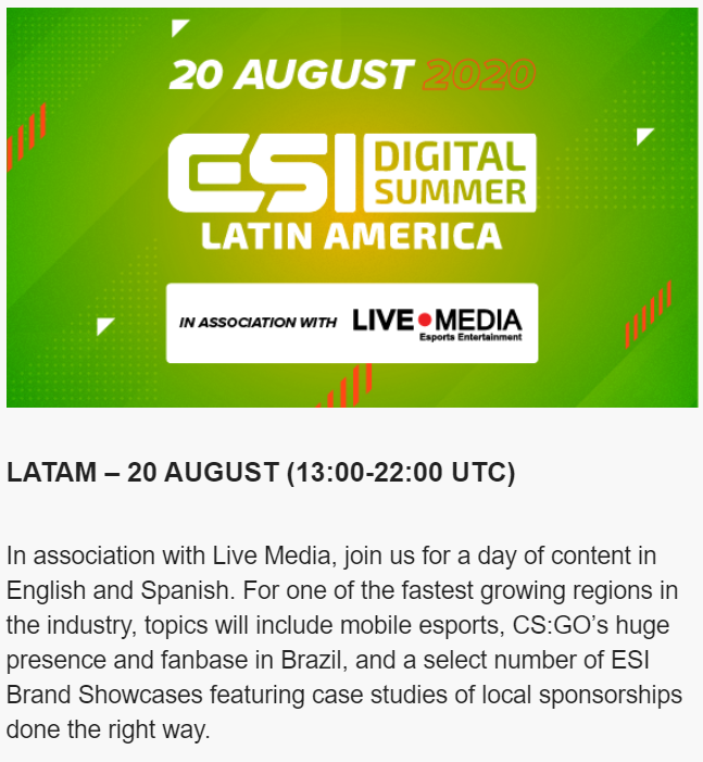LiveMediaPE's tweet photo. Si trabajas en esports/gaming, esta oportunidad es única. 

Live Media Esports Entertainment es el co organizador de la edición Latam junto a Esports Insider. Pueden inscribirse en el link: https://t.co/tfogqPkNnn

🪙 20% de descuento usando el código: ESIDIGITALLIVEMEDIA20 https://t.co/IUA8eRr1YW