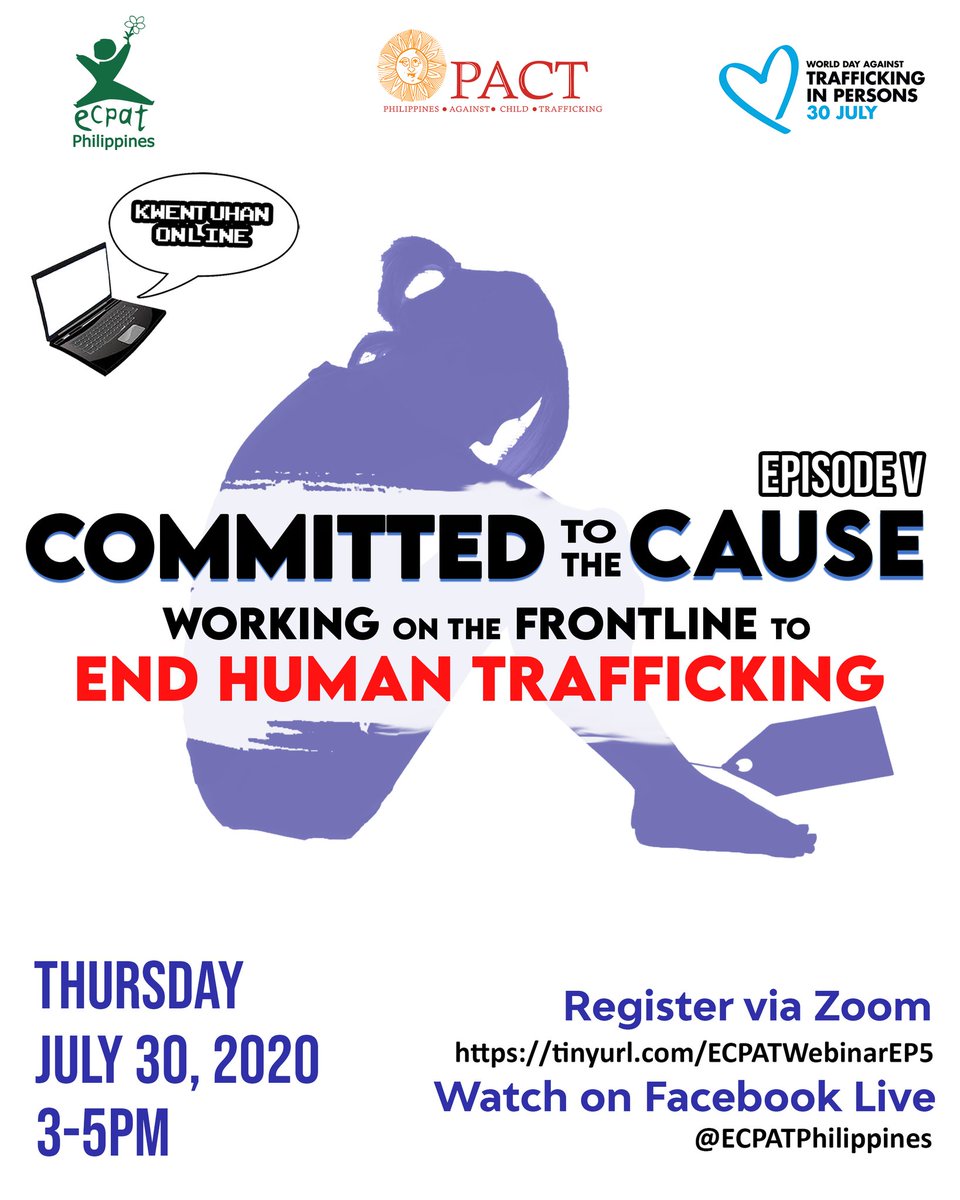 ECPATPh's tweet photo. Let's celebrate this year's #WorldDayAgainstTraffickingInPersons by discussing strategies on how yo fight the crime in our communities.
Register now: https://t.co/aAp1mZqM0Y
#WDAT2020
#ChildrenNotCommodities
#ECPATKwentuhanOnline https://t.co/b9SmNgTf0n