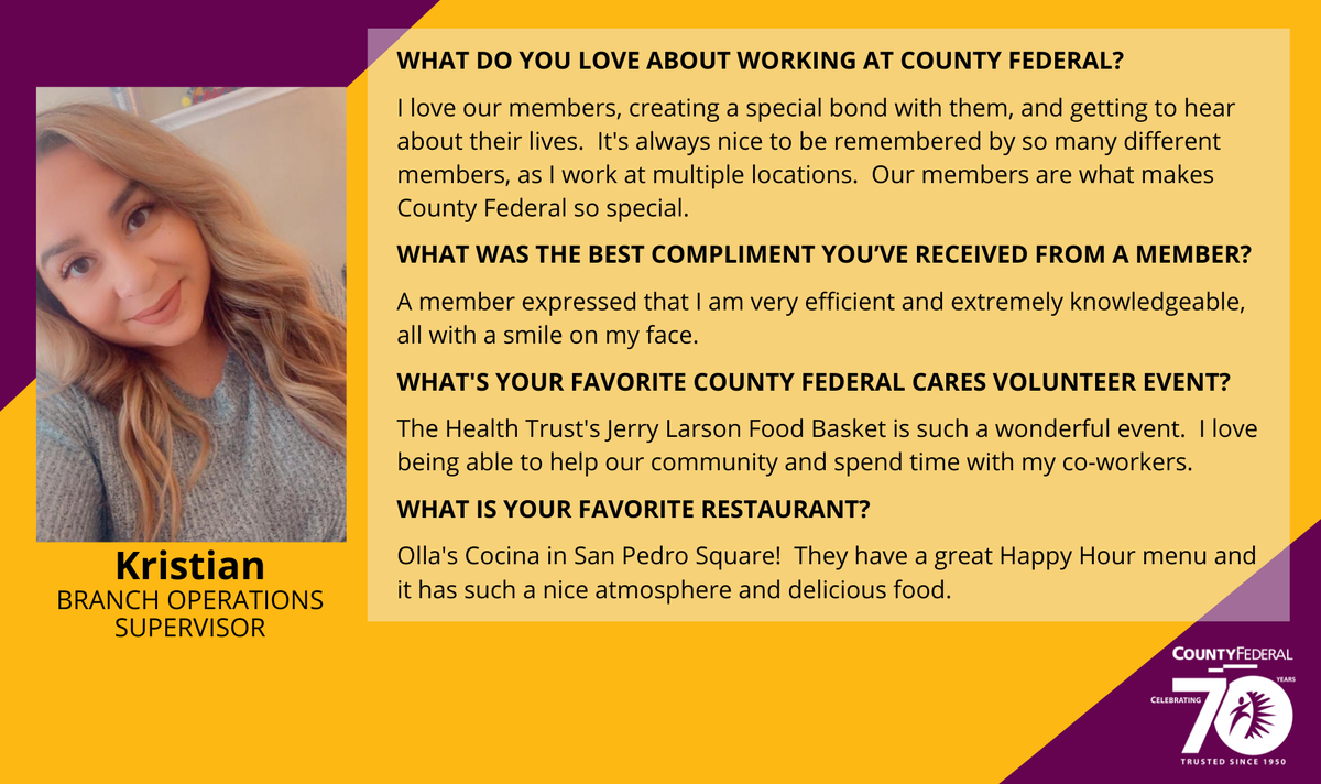 mirastar_fcu's tweet photo. Creating a special bond with our members means the world to us. Thanks for sharing Kristian! https://t.co/LV1qH2ch9S
#sccfcu #creditunion #santaclara #CountyFederalCARES #countyfederal70 #EmployeeSpotlight https://t.co/yiwW01uF31