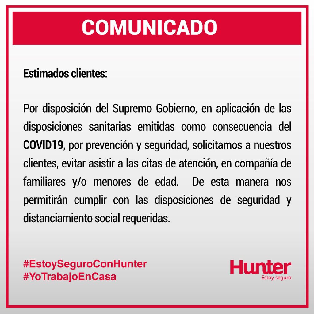 hunterperu's tweet photo. En #Hunter tu salud y la de tus seres queridos es lo más importante 👨‍👩‍👧‍👦, por eso te informamos sobre nuestras nuevas condiciones para el ingreso a nuestra sedes 🚗 ⬇️ https://t.co/XseLe16QvN