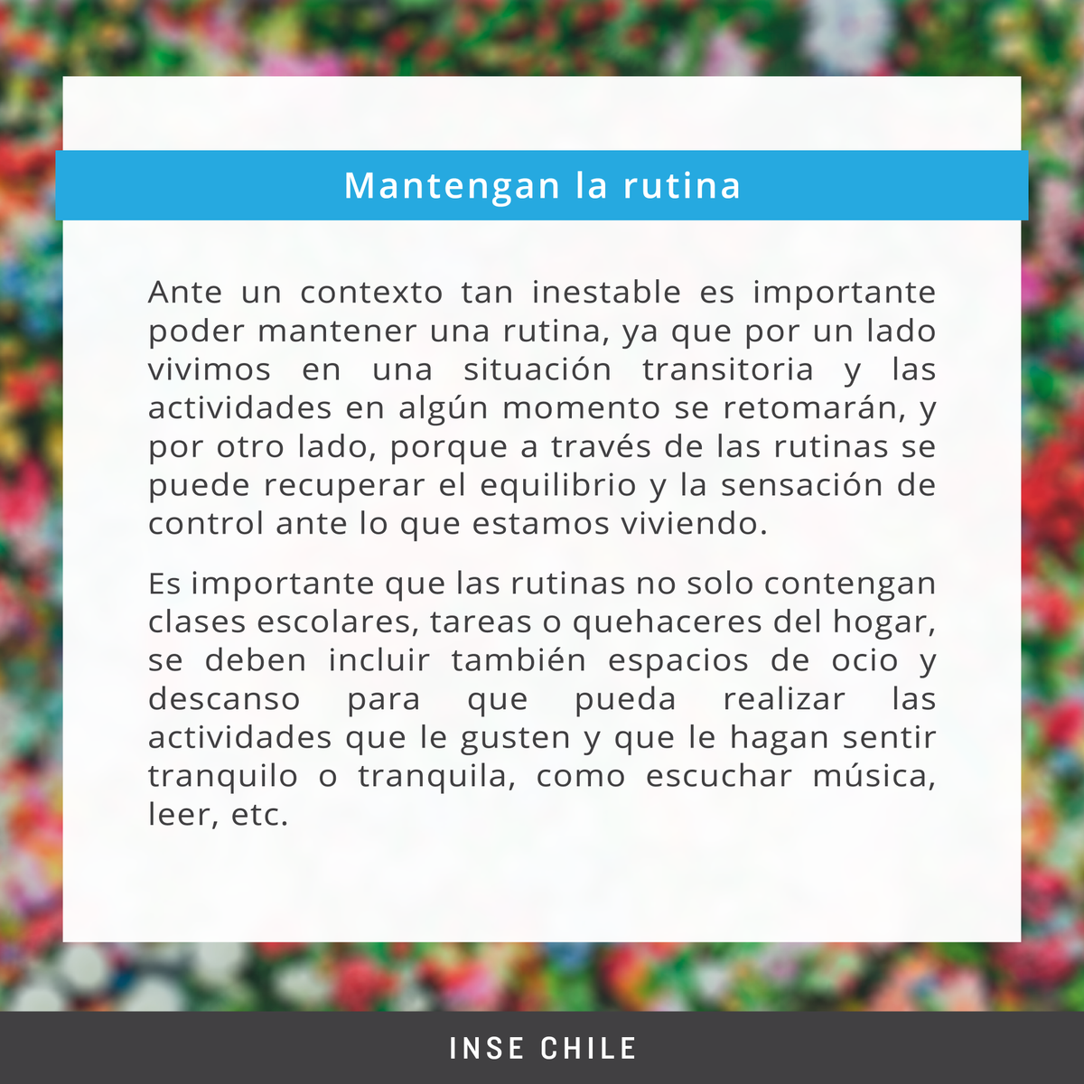 INSE_CHILE's tweet photo. 🔵 Apoyo para adolescentes en tiempos de Covid-19 
(Parte 3).

Compartimos con ustedes los siguientes consejos de salud y bienestar emocional para adolescentes en esta cuarentena.💙

#apoyoemocional #cuarentena #elpuebloayudaalpueblo 
#contención #psicología https://t.co/xMKbBveh29