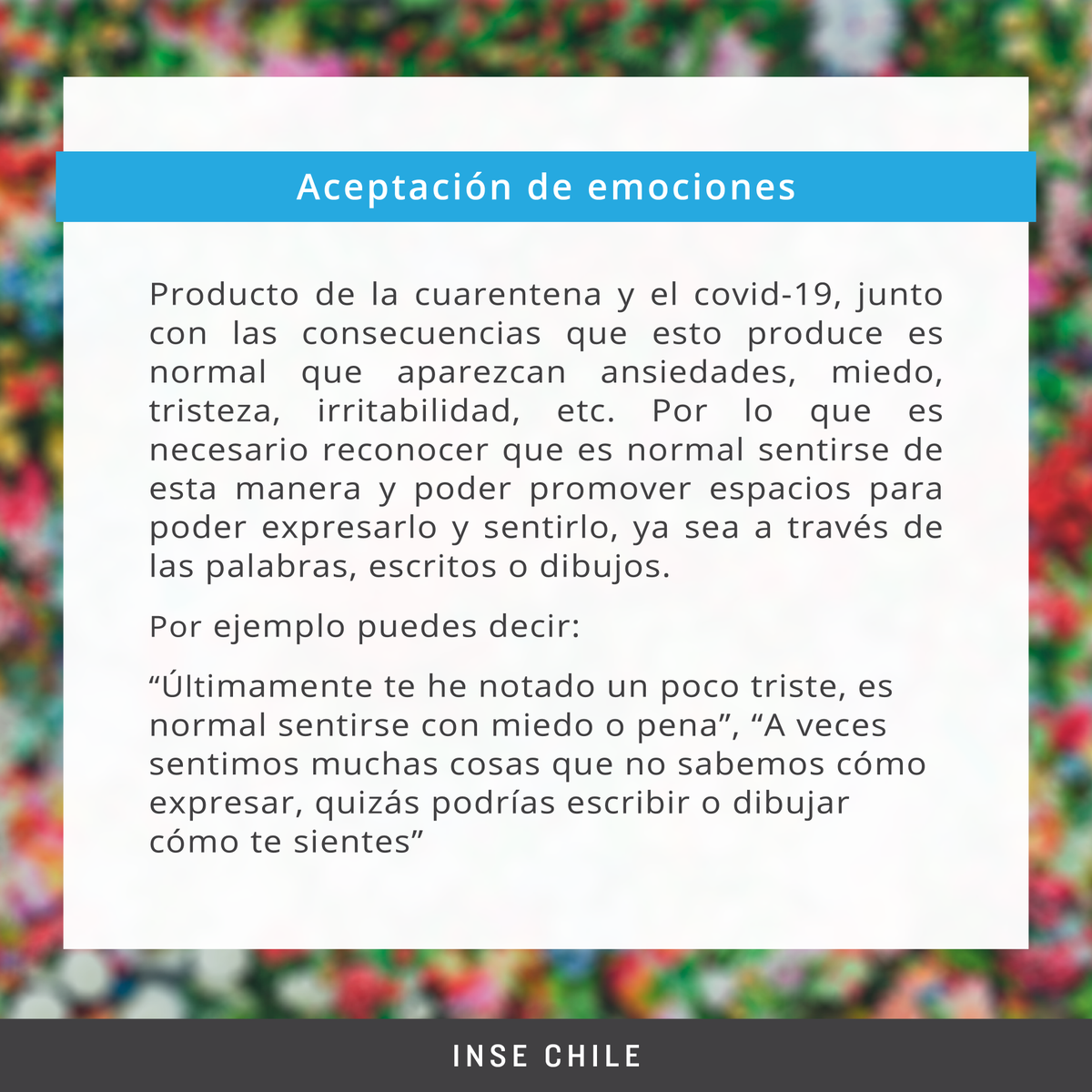 INSE_CHILE's tweet photo. 🔵 Apoyo para adolescentes en tiempos de Covid-19 
(Parte 3).

Compartimos con ustedes los siguientes consejos de salud y bienestar emocional para adolescentes en esta cuarentena.💙

#apoyoemocional #cuarentena #elpuebloayudaalpueblo 
#contención #psicología https://t.co/xMKbBveh29